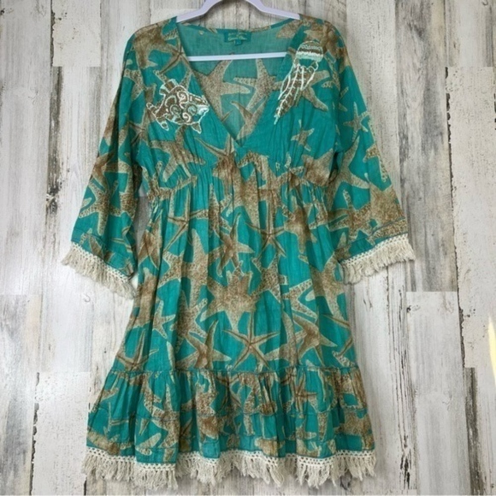 Teal Starfish Print Boho Tunic Dress with Crochet Trim
